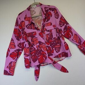 Sofia Vergara Linen Top Womens XL V Neck‎ Collared Waist Tie Tropical Resort